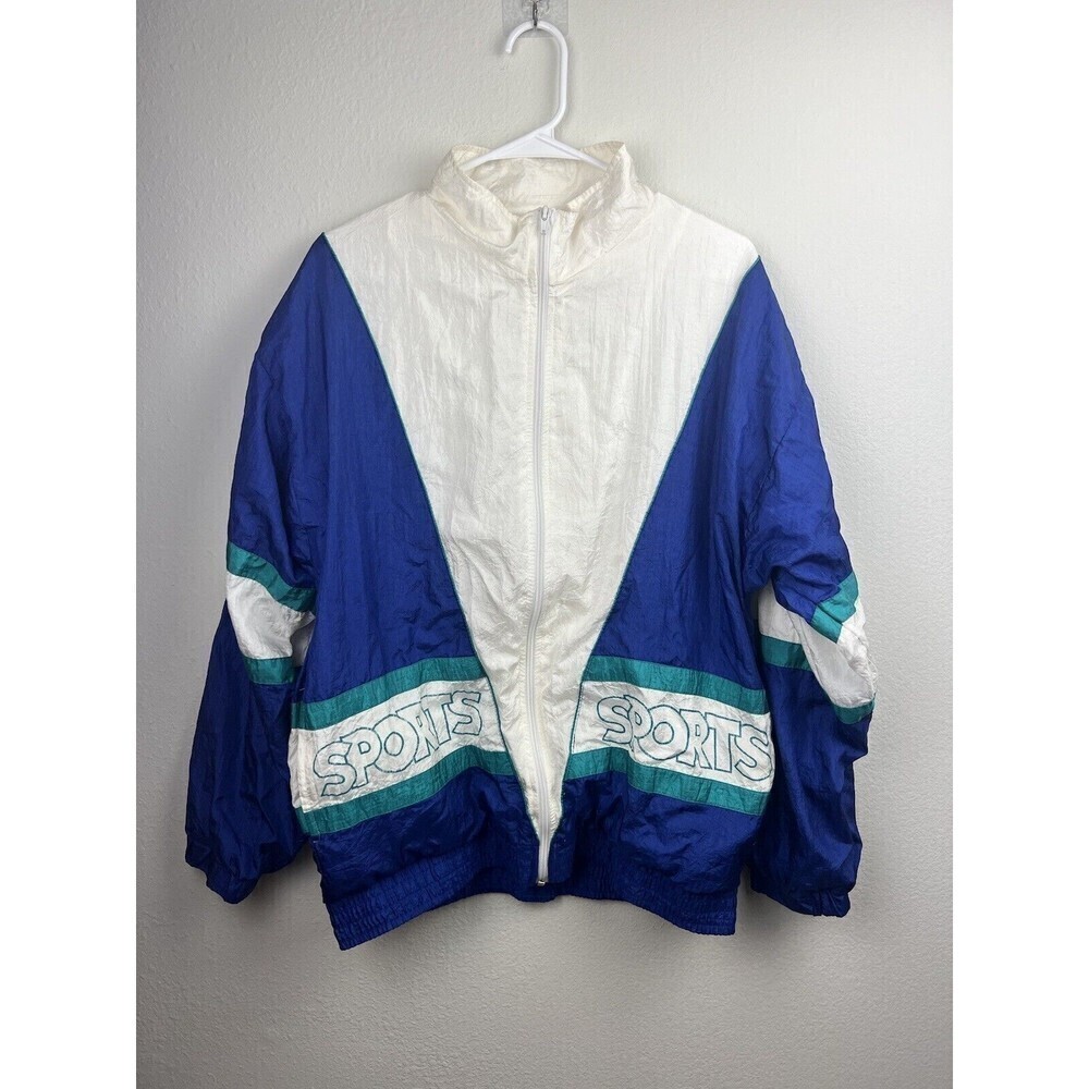 vintage metro wear blue and white “SPORTS” windbreaker L
